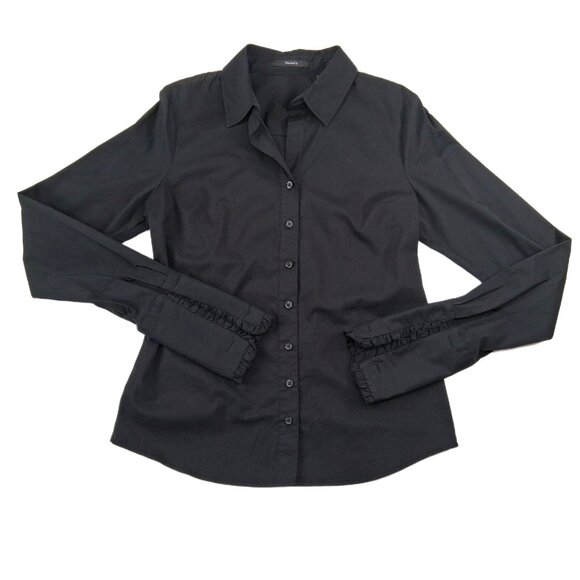 Tahari Black Button Front Shirt French Cuffs Pick Stitch Tailored Stretch SZ M - Picture 5 of 13